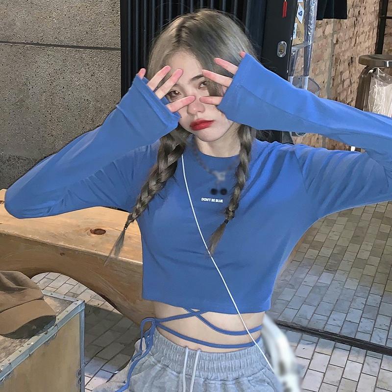 Áo thun croptop tay dài cổ tròn màu sắc đơn giản phong cách Hàn Quốc cho nữ