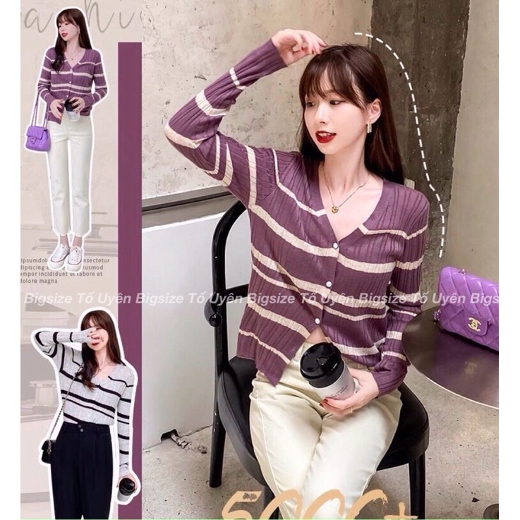 (T.U Bigsize 50-70kg) Áo Sơmi Len Dài Tay Cổ Tim Sọc Ngang Xu Hướng Vintage
