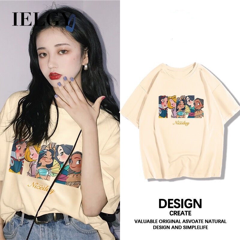 Áo thun IELGY vải cotton dáng rộng in hình hoạt hình phong cách Nhật Bản dễ thương cho nữ