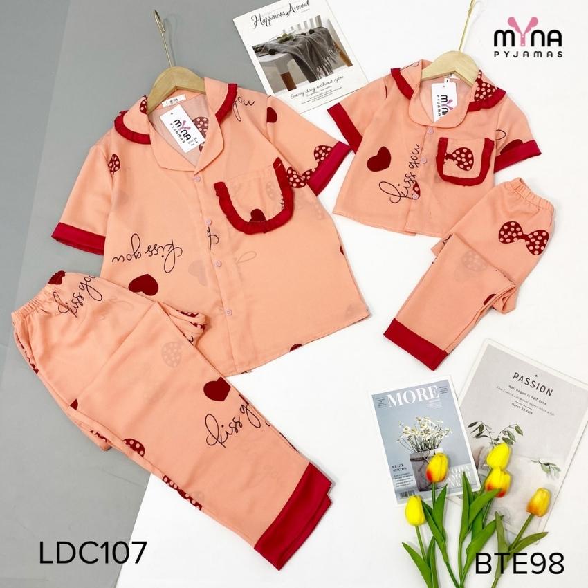 Bộ đồ ngủ ngắn tay mẹ và bé, bộ pijama cộc tay quần dài cổ bèo, chất lụa mango mịn mát