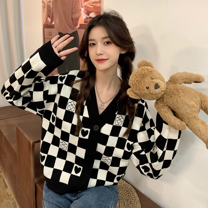 Áo khoác cardigan dệt kim tay dài cổ chữ v họa tiết sọc caro