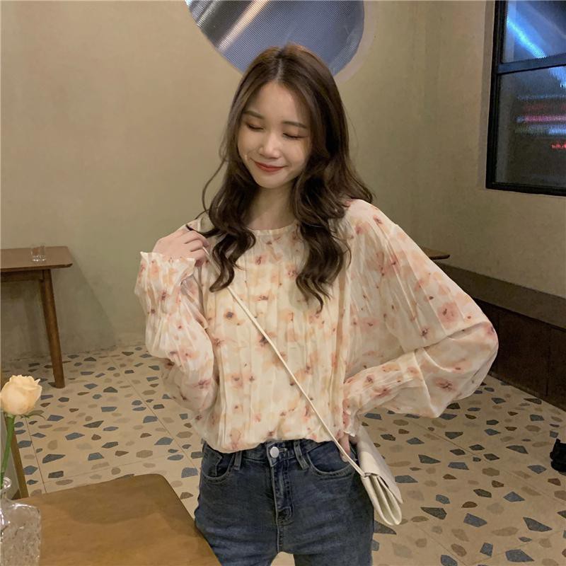 Korean style floral chiffon micro-transparent all-match long-sleeved shirt，cheap borong of Koreanfashion women's clothing readystock 210521