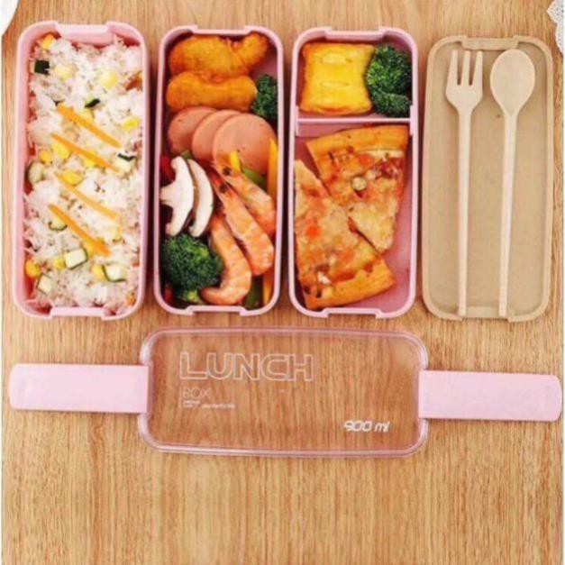 Hộp cơm 3 tầng lúa mạch kèm thìa,dĩa - HV Store 389