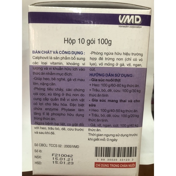 Calphovit hộp 10 gói 100g thức ăn bổ sung vitamin khoáng, lợi khuẩn tiêu hoá cho gia súc, gia cầm