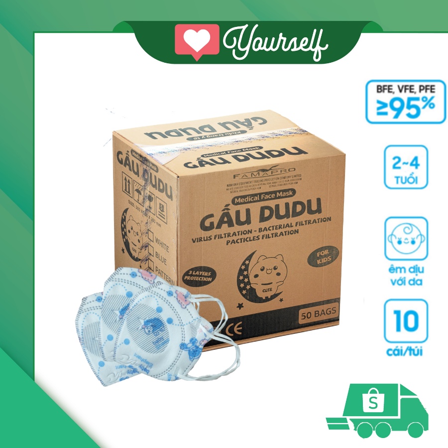 [FAMAPRO Gấu DuDu - Bé từ 2-4 tuổi] Thùng 50 Túi Khẩu trang kháng khuẩn cao cấp 3 lớp (10 cái/Túi )
