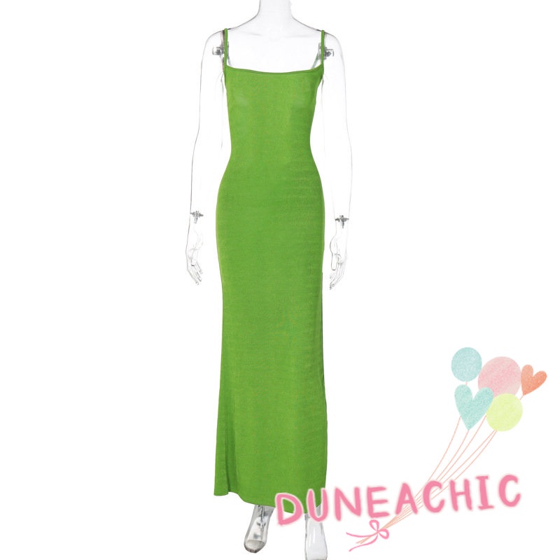 DUNEA Đầm hai dây dáng dài xẻ tà hở lưng màu trơn thời trang cho nữ