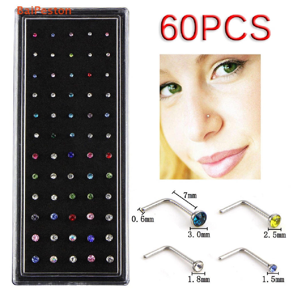 Set 60 Khuyên Mũi Thép Không Gỉ Đính Đá Pha Lê