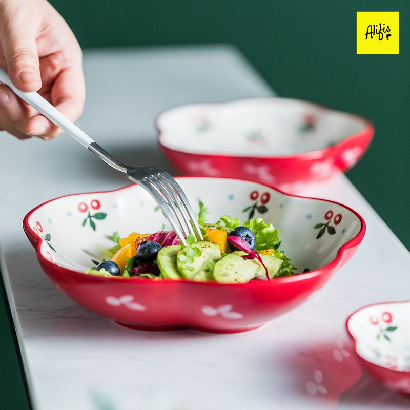 Đĩa sứ decor, tô salad trang trí họa tiết Cherry hình tròn, cách điệu cánh hoa, trái tim Alifis