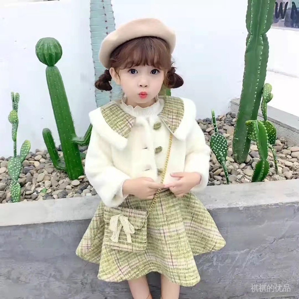 Set áo khoác cổ bẻ phối lông + chân váy thời trang thu đông mới cho bé gái 5 tuổi 2021