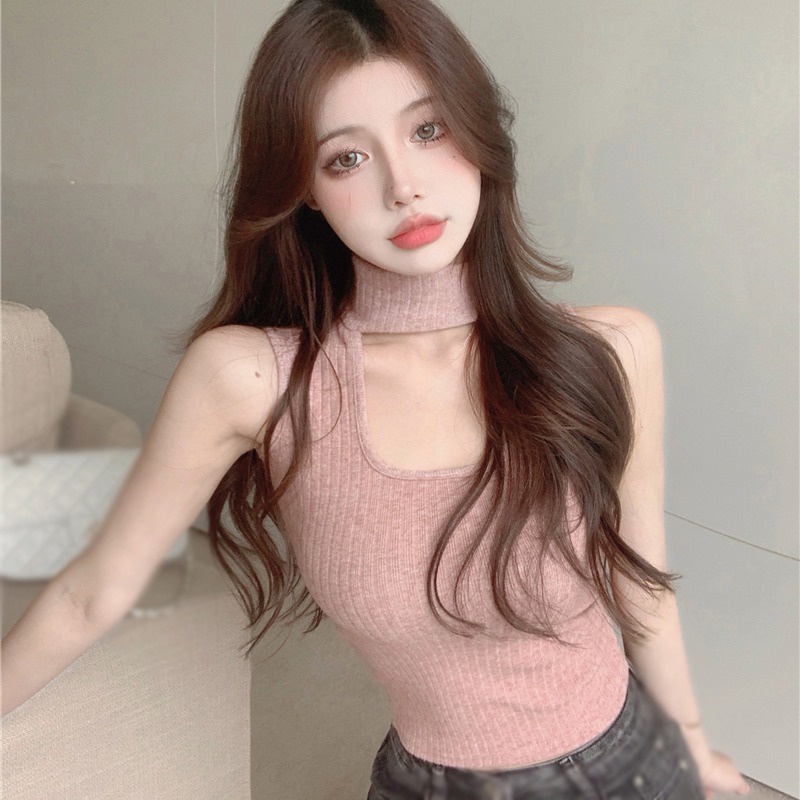 Áo Croptop Dệt Kim Sát Nách Cổ Lọ Màu Sắc Đơn Giản Nhẹ Nhàng Cho Nữ