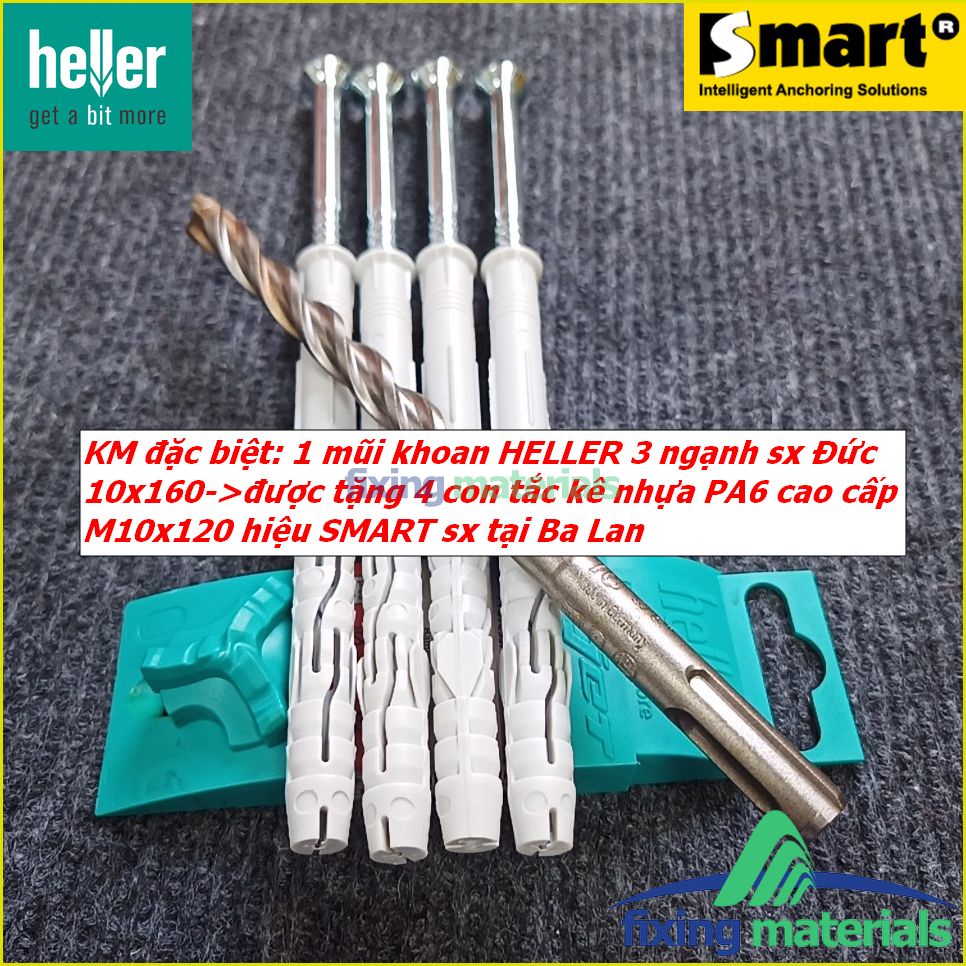 KM đặc biệt: Mũi khoan HELLER 3 ngạnh 10x160 tặng 4 con tắc kê cao cấp M10x120 kèm vít hiệu SMART, nhập khẩu EU