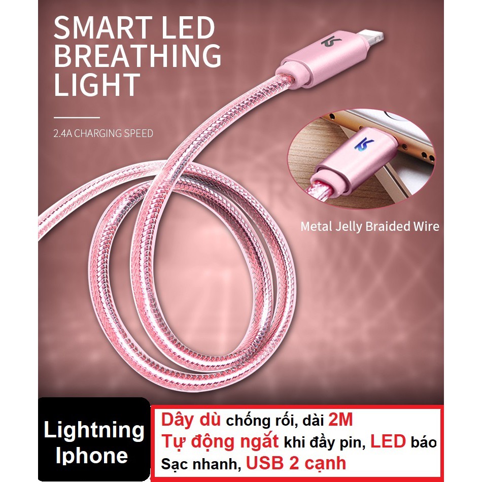 Cáp sạc nhanh tự ngắt khi đầy pin chuẩn IPtablet táo-Hãng KAKU-Dây dù 2m-LED báo-USB 2 cạnh