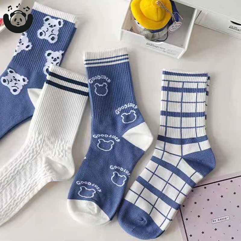 Đôi vớ cotton dài họa tiết sọc caro thời trang cho nữ