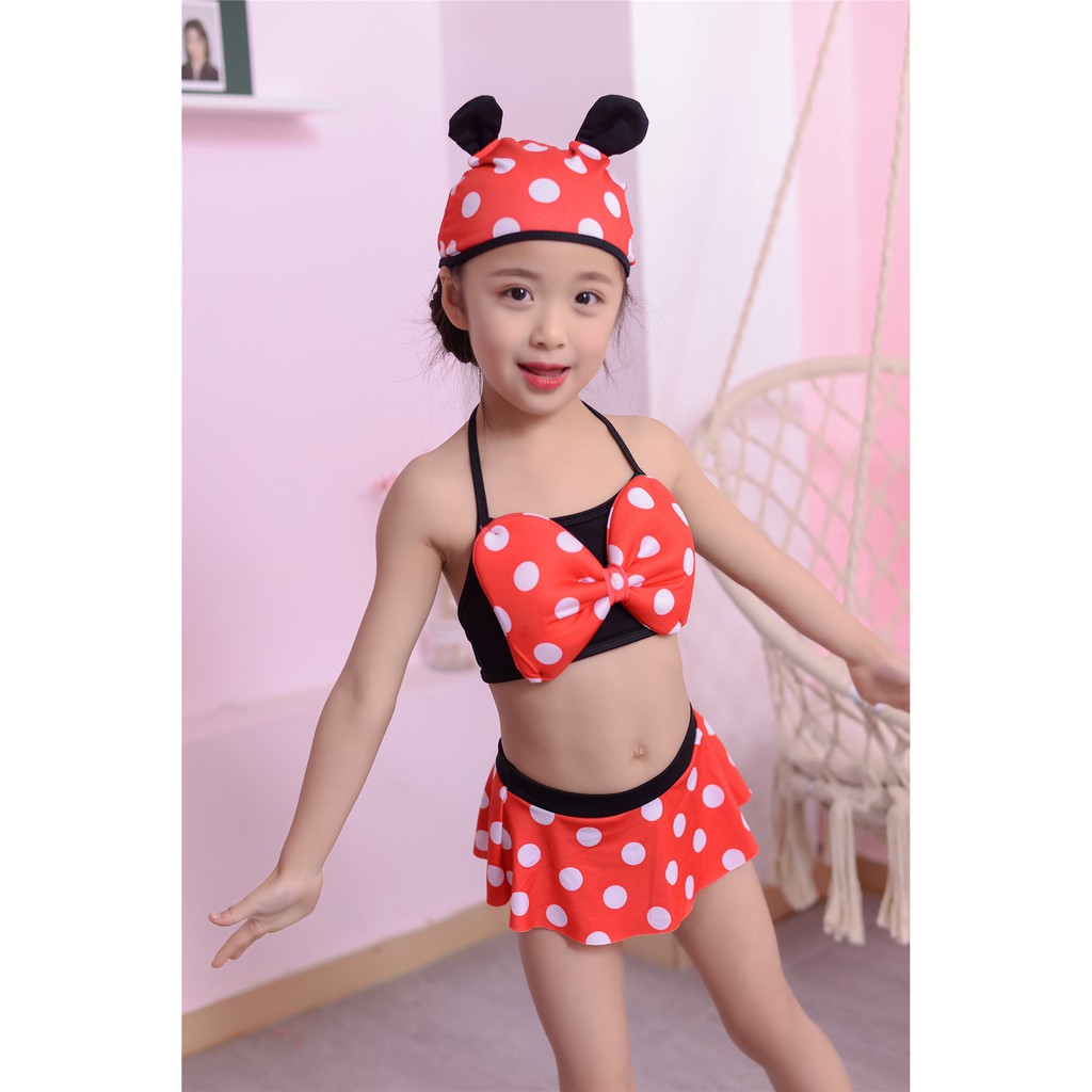 Đồ bơi cho bé FUHA, bộ bikini họa tiết hình chấm bi 3 chi tiết đáng yêu dành cho bé gái