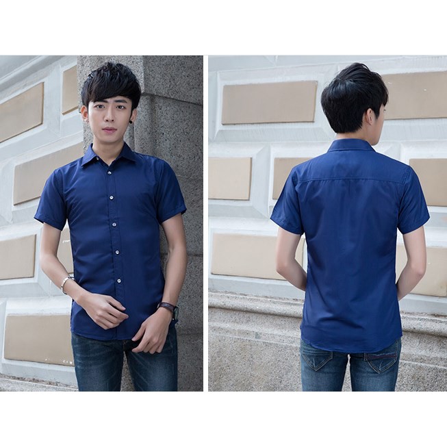 Áo sơ mi Nam ngắn tay cổ trơn màu xanh lam | BigBuy360 - bigbuy360.vn