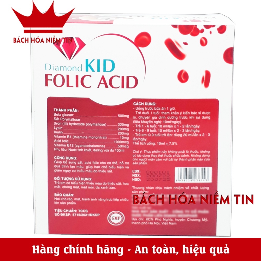 Bổ máu Diamond Folic Acid Bổ sung sắt, Acid Folic cho bà bầu và trẻ từ 1 tuổi - Dạng siro an toàn, dễ uống - Hộp 20 ống