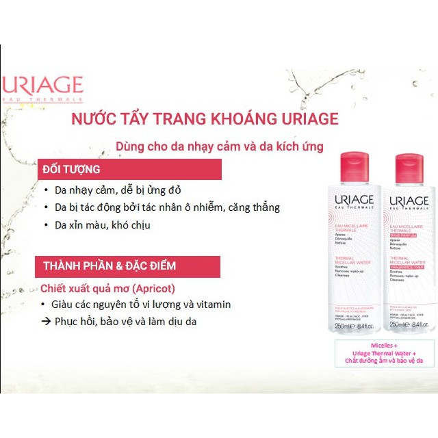 [TEM CTY] Uriage Thermal Micellar Water PIF (Fragrance Free) 100mL &amp; 250mL - Nước Tẩy Trang Cho Da Kích Ứng, Không Mùi.