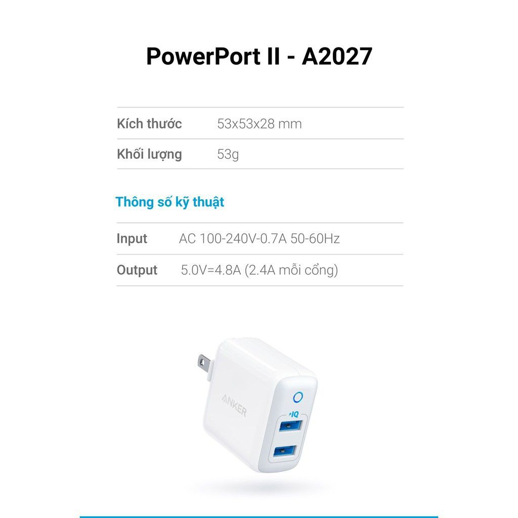 [Mã SKAMA06 giảm 8% đơn 250k]Sạc ANKER PowerPort II 2 cổng PIQ 24w - A2027