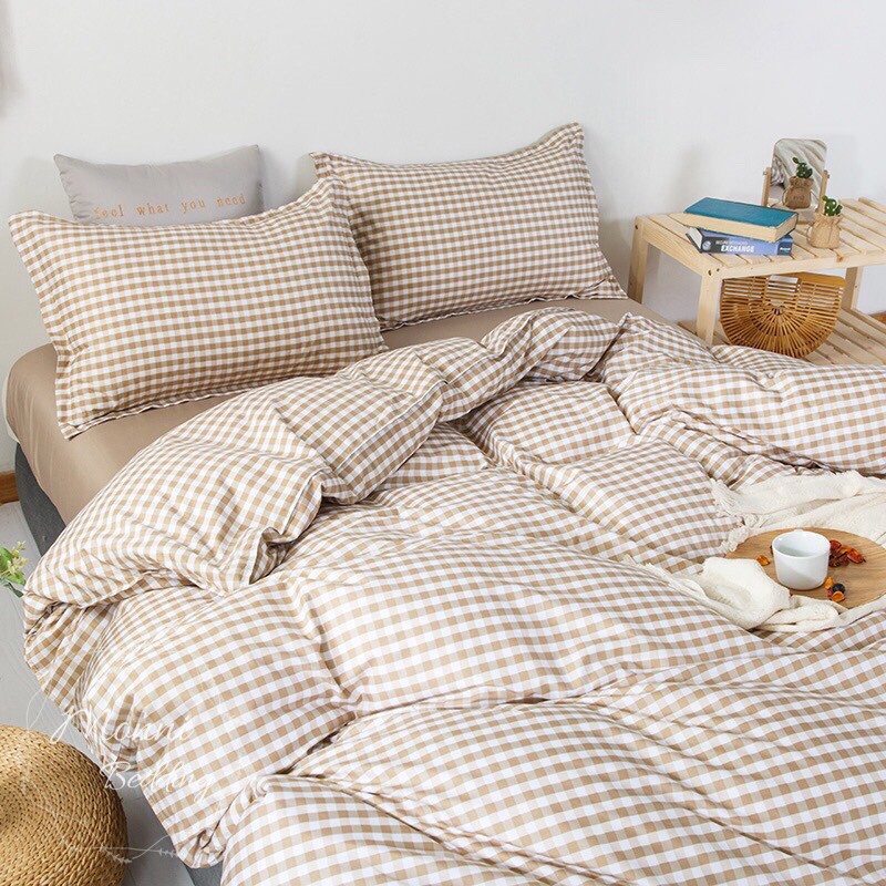 BỘ CHĂN GA GỐI POLY COTTON CARO NÂU CỰC XINH MẪU MỚI 2020