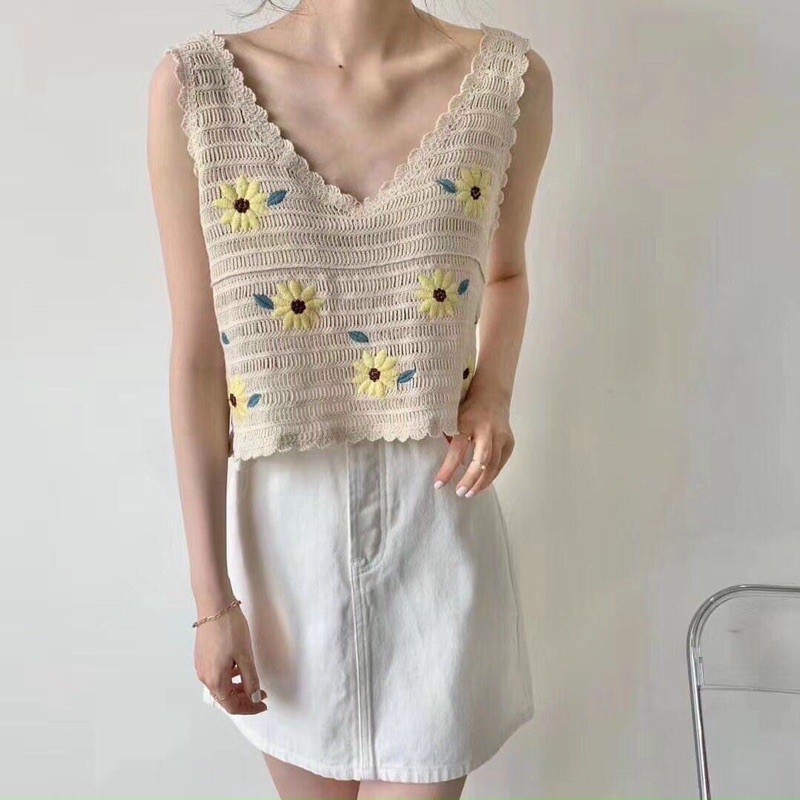 áo sát nách len sợi - len mông thêu hoa cúc