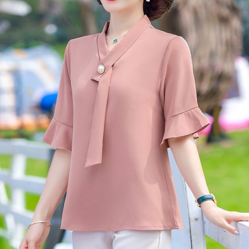 Áo sơ mi tay lửng cổ chữ V màu sắc đơn giản dành cho nữ