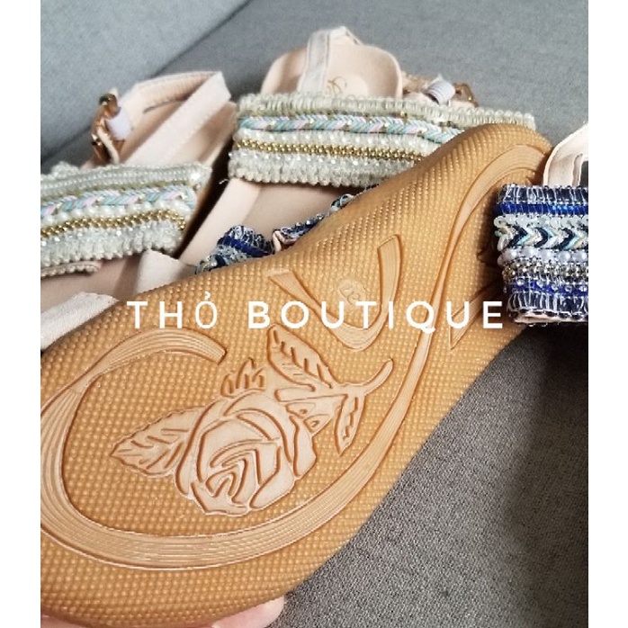 Giày sandal CUNYI Bohemian da lộn phối quai ngang dệt thổ cẩm đính cườm màu xanh, kem size 37-38