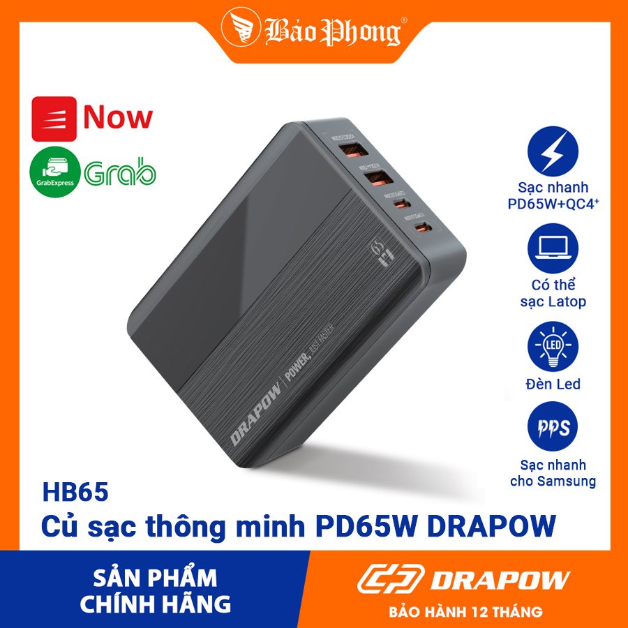 Bộ củ sạc nhanh IP thông minh HB65 DRAPOW PD 65W sạc được cho Laptop PD QC PPS VOOC