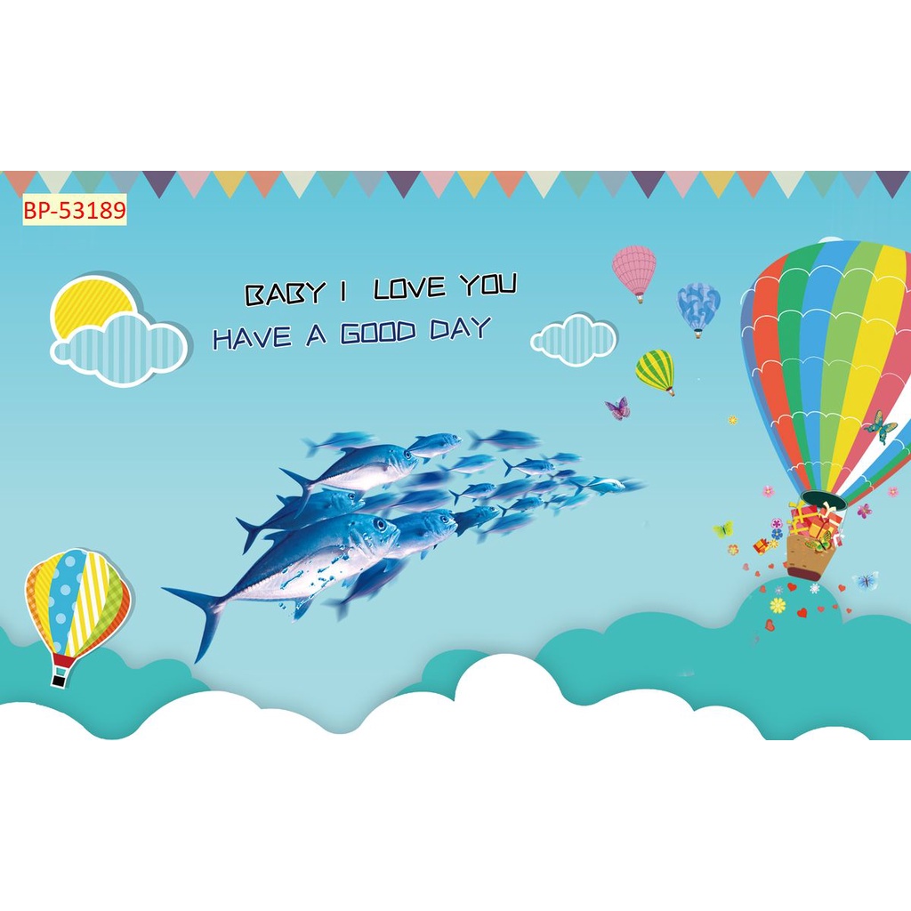 Tranh Dán Tường Phòng Trẻ Em Hình Khinh Khí Cầu, cầu vồng, bầu trời ngộ nghĩnh