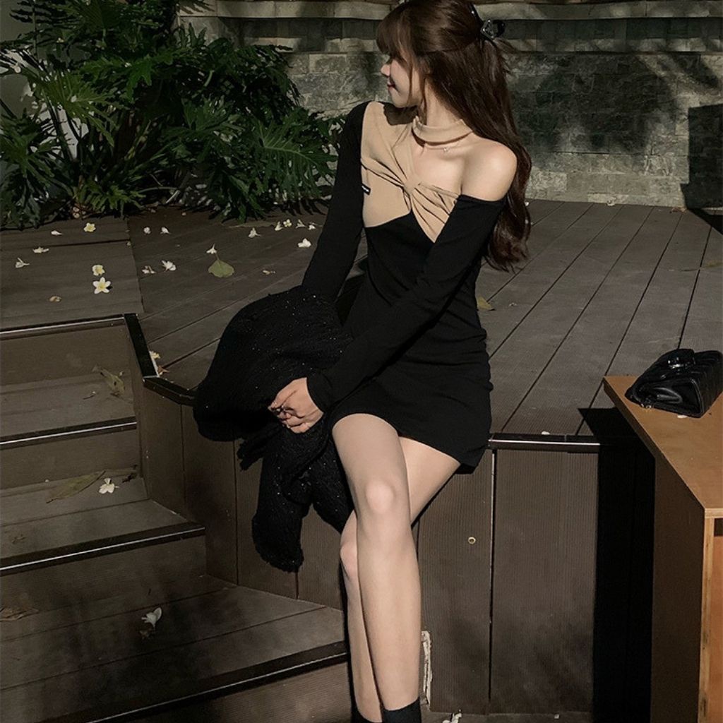 Váy body dài tay , đầm ngắn dáng ôm sexy , hở vai vải bông co dãn cao cấp phong cách thu đông Hàn Quốc