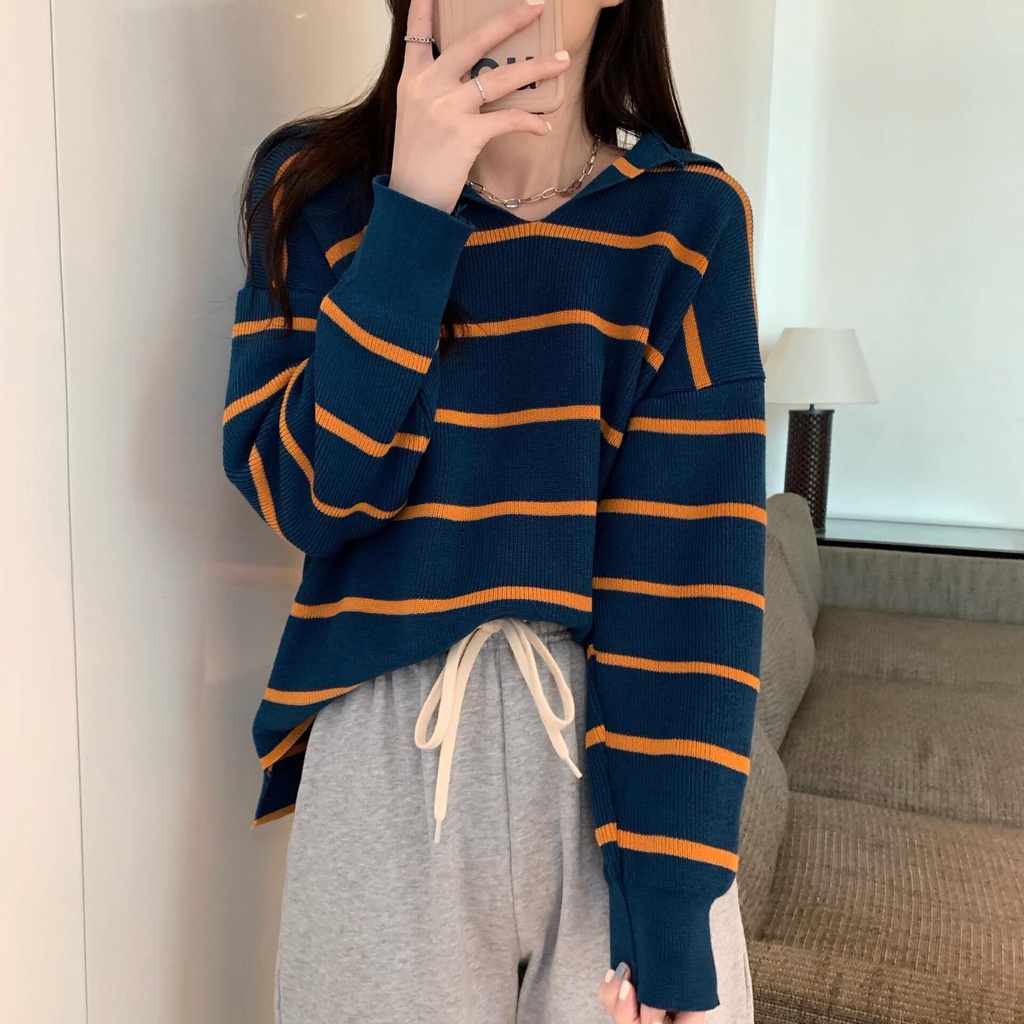 Áo len Zhelihangfei tay dài cổ thủy thủ họa tiết kẻ sọc dáng rộng dễ phối đồ