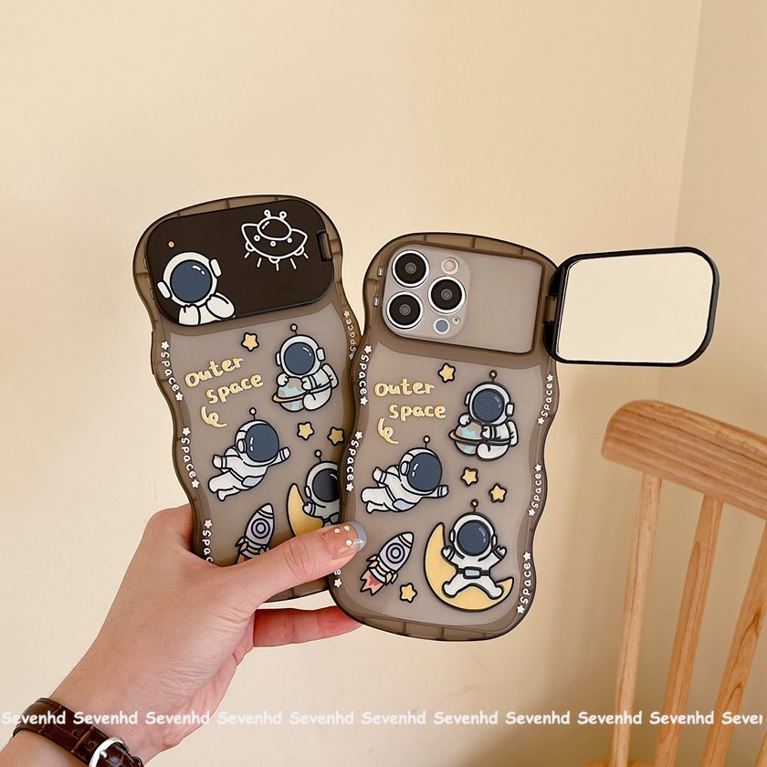 Ốp Điện Thoại Mềm In Hình Phi Hành Gia Hoạt Hình Có Giá Đỡ Gương Trang Điểm Cho iPhone 14 13 12 11 Pro Max Xs Max Xr X