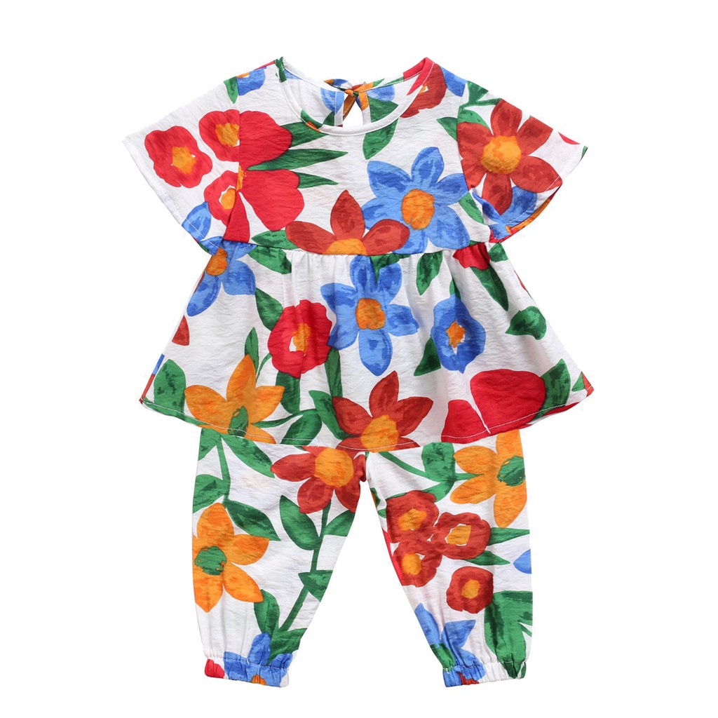 Set áo thun kèm quần dài Sanlutoz in hình hoa thời trang mùa hè cho bé gái