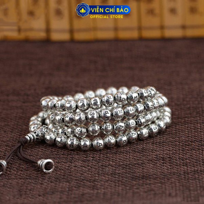 Vòng tay chuỗi 108 hạt khắc kinh lục tự Om Mani Padme Hum chất liệu bạc Thái 925 thương hiệu Viễn Chí Bảo L100218