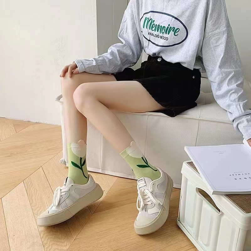 Vớ cotton Cao Vừa Họa Tiết Hoa Ba Chiều Màu Trơn Thời Trang Xuân Hè Mới Cho Nữ