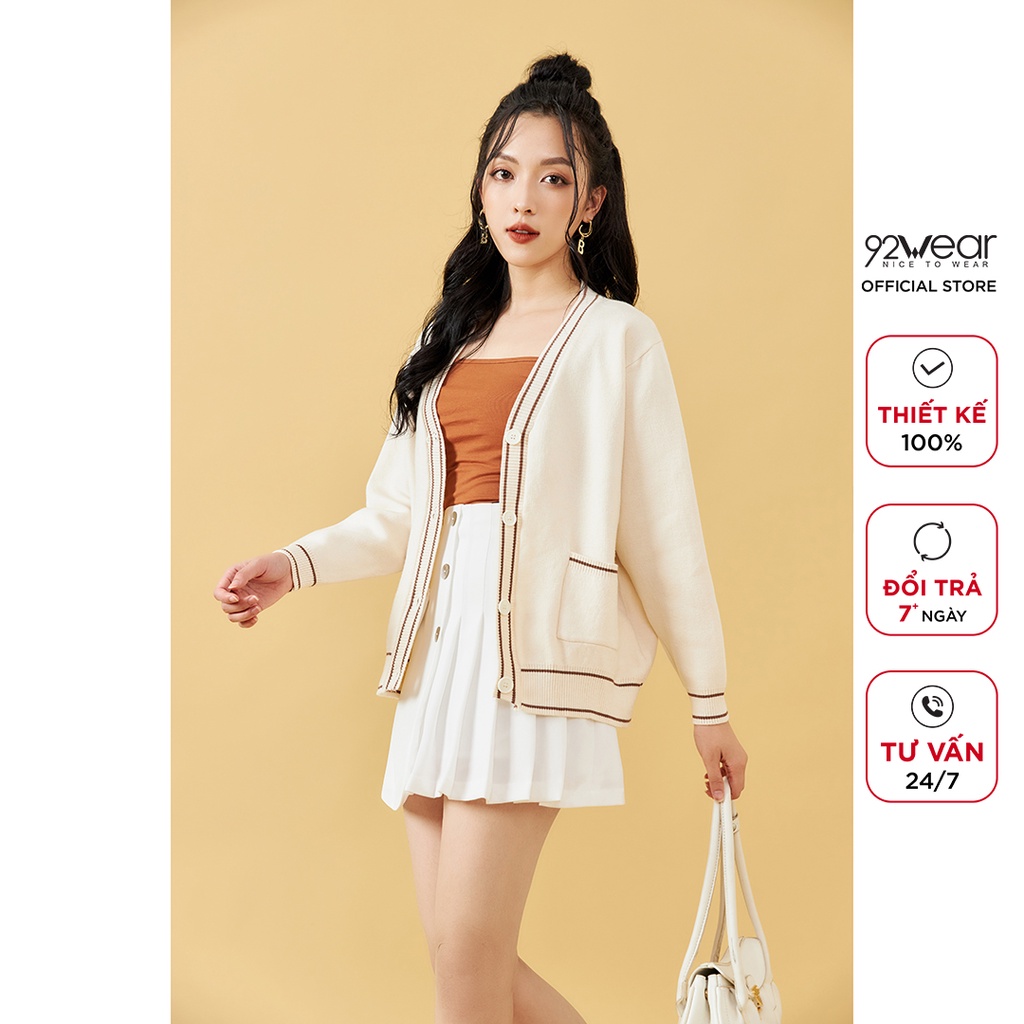 Áo len cardigan nữ dài tay phối viền 92WEAR, chất len cao cấp, co giãn tốt KLA0068 | BigBuy360 - bigbuy360.vn