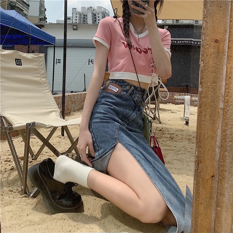 Jiashucheng Chân Váy Denim Xẻ Tà Dáng Chữ a Lệch Tà Phong Cách Mới Mùa Hè 2023 Cho Nữ