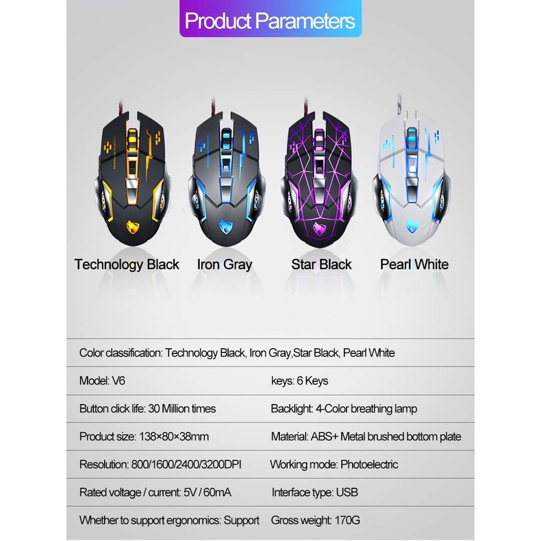 Chuột game T-Wolf V6 PRO Full Led, Chuột máy tính có dây gamming siêu nhạy 800 - 3200DPI, Đế di kim loại- BH 12 tháng