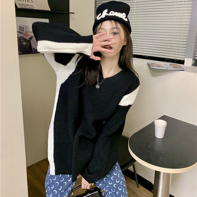 Áo sweater Dệt Kim Cổ Chữ V Dáng Rộng Thiết Kế Xẻ Tà Thời Trang Thu Đông Phong Cách retro Mới Cho Nữ