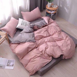 Bộ Chăn Ga Gối Cotton Poly Hồng Phối Xám Chăn Chần Phao