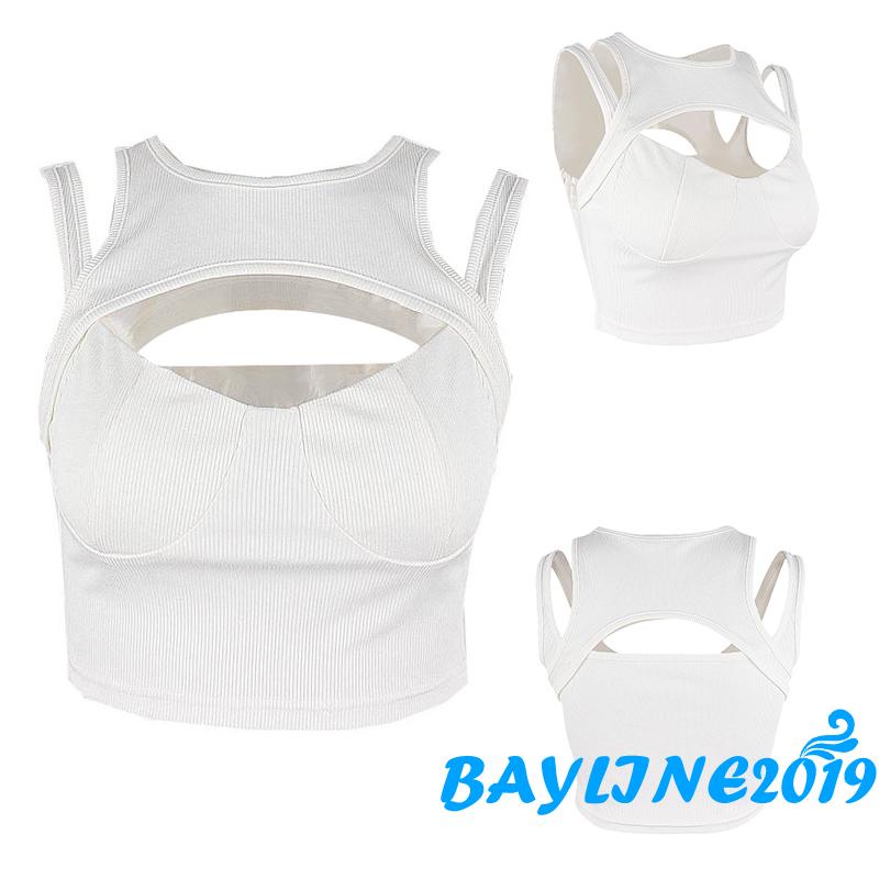 Bay-Women Casual Crop Tops, Solid Color Hollow Out Slim Fit Sleeveless Patchwork Vest