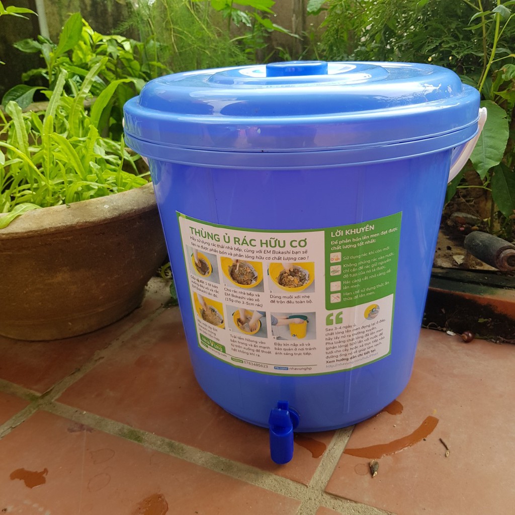 Thùng ủ rác hữu cơ thành phân hữu cơ EM Bokashi - Nhà Vừng (combo 2 thùng 22L + 1 túi EM Bokashi)