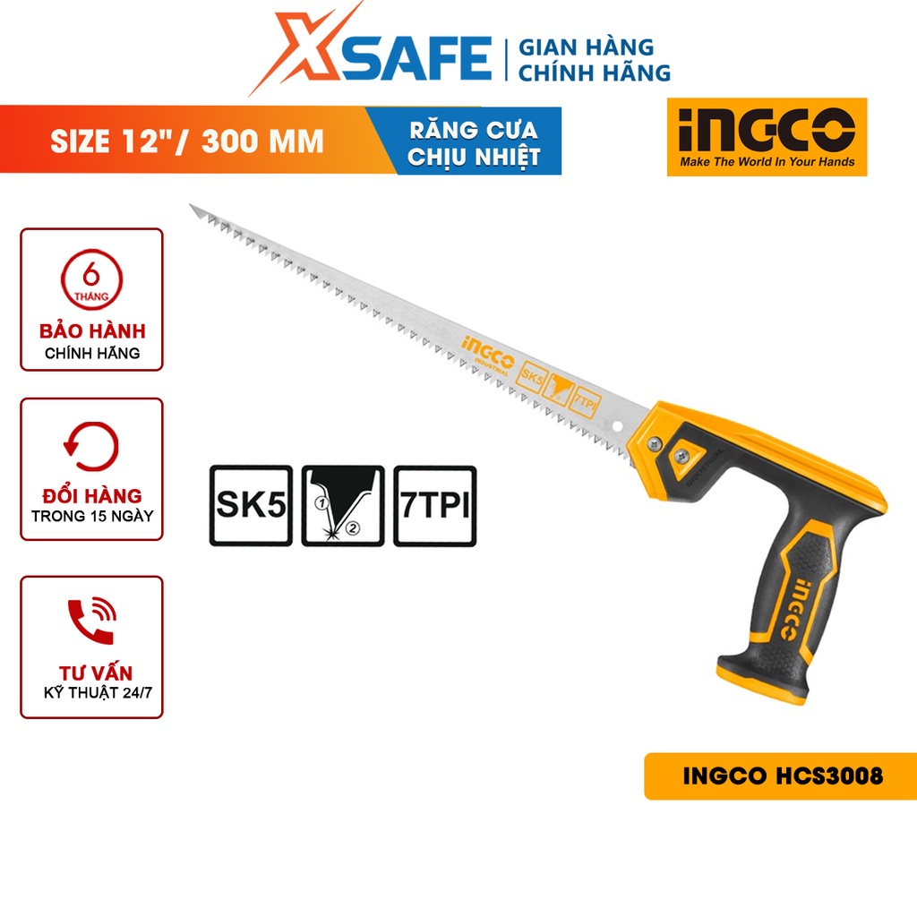 Cưa tay hình compa INGCO HCS3008 Cưa tay size 12&quot;/300mm, chất liệu Taiwan SK5, 7 răng cưa/inch, răng cưa chịu nhiệt tốt