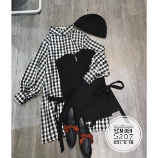 Bigsize Set đầm caro yếm đen S207