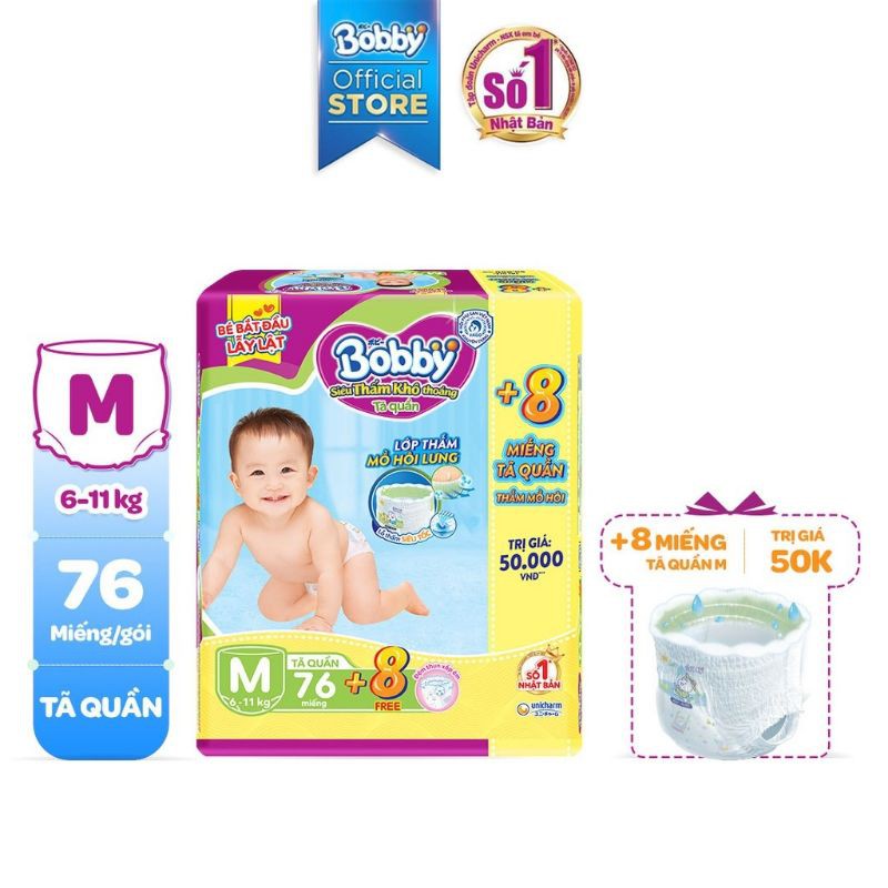 [🎁Tặng 8 miếng]Tã Quần Bobby M76 miếng
