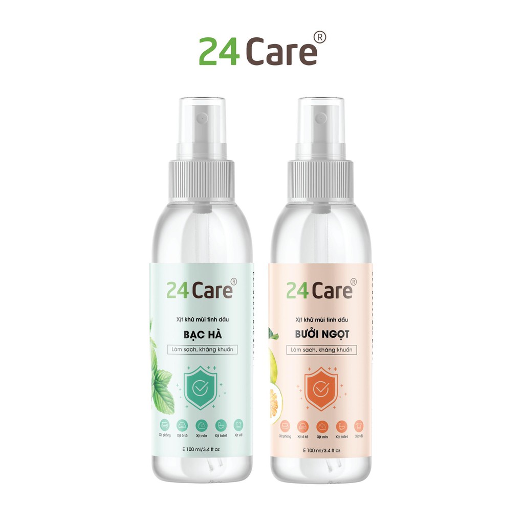 Combo 2 tinh dầu xịt phòng hương Bưởi Ngọt + Bạc Hà 24Care- có kiểm định của bộ y tế 100ml/ chai