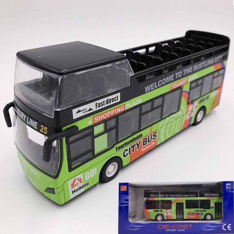 Mô hình ô tô xe buýt 2 tầng bằng sắt đồ chơi trẻ em tỉ lệ 1:32 có âm thanh và đèn khi mở cửa