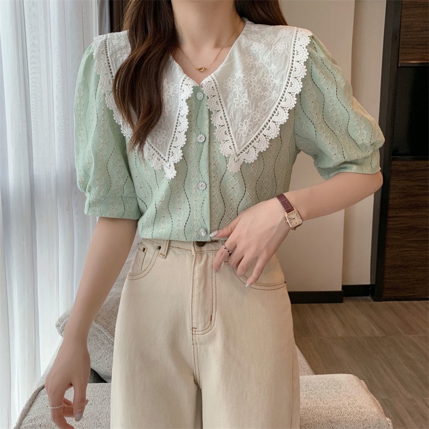 Áo Sơ Mi Trắng Tay Ngắn Cổ Búp Bê Phong Cách Hàn Quốc Ngọt Ngào Thời Trang Mùa