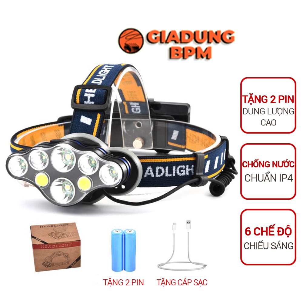 Đèn pin đội đầu siêu sáng, 8 bóng LED, 6 chế độ sáng, chống nước, Giadungbpm