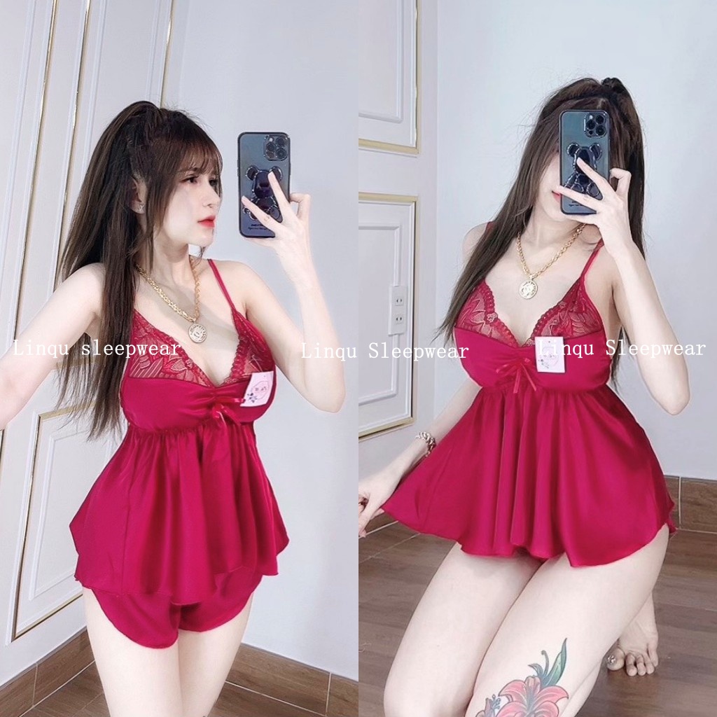Đồ ngủ 2 dây, Đồ ngủ sexy nữ chất lụa satin nhún ngực mặc ngủ thoải mái Freesize&lt;60kg - Linqustore
