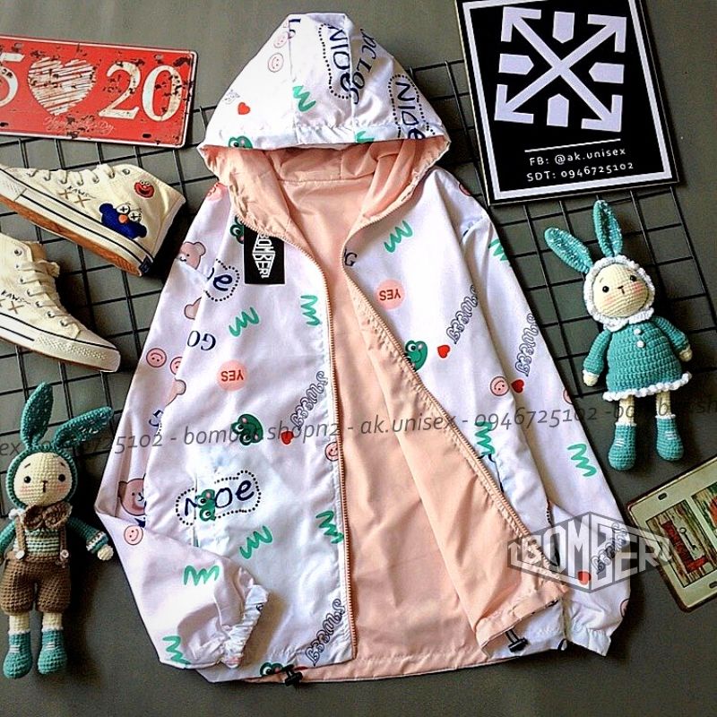 [Ảnh + video thật] Áo khoác dù 2 mặt nữ style cute phối hình in cực đáng yêu (Freesize - 2 mặt)